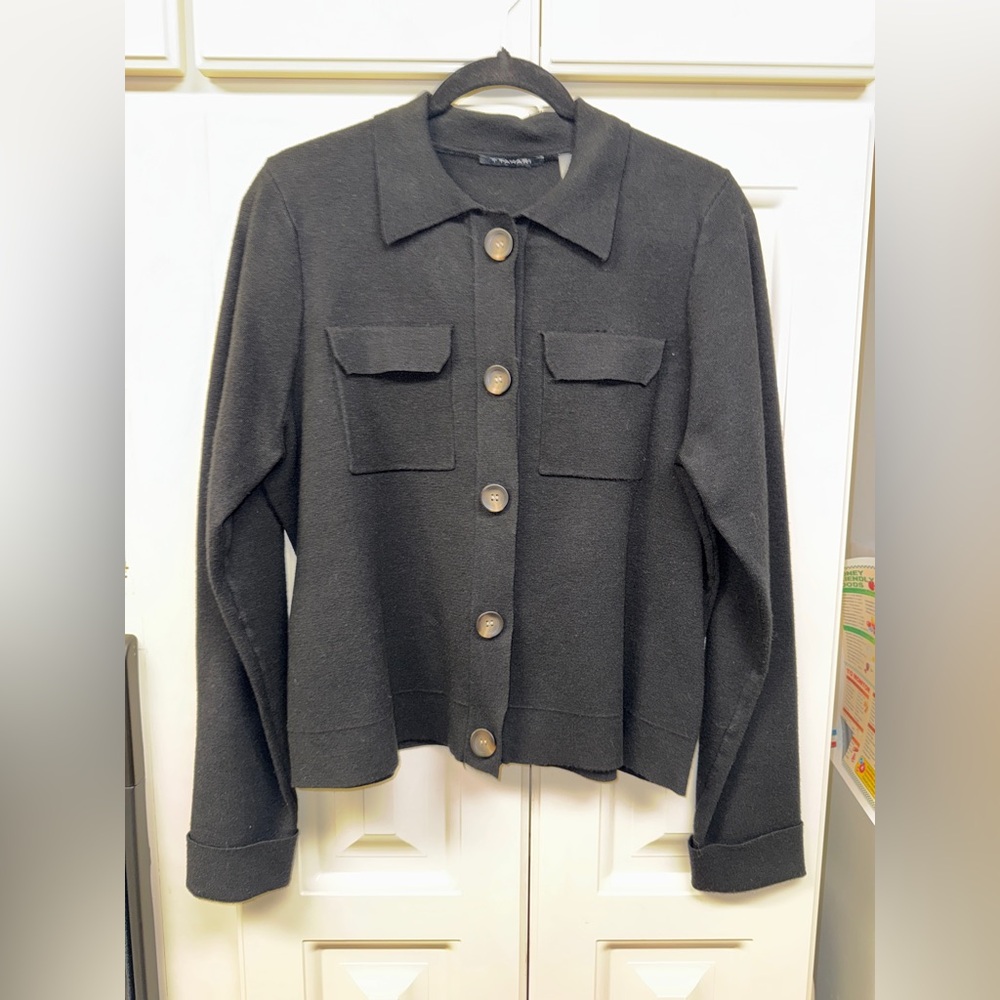 Tahari Black Knit Button-Up Sweater Jacket